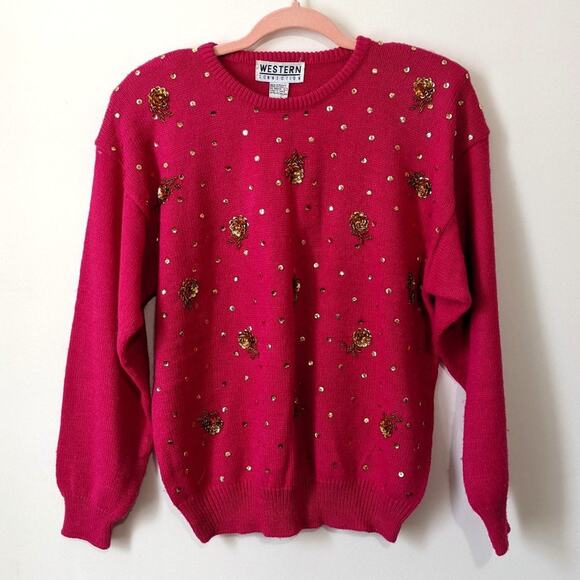 Vintage 80s 90s Pink Gold Sequins Sequined Floral Crewneck Funky Sweater 1980s L - Picture 5 of 11